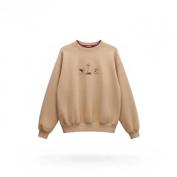 Men's Crewneck Sweatshirt in Light Tan with Embroidered Motif - Picture 1 of 4